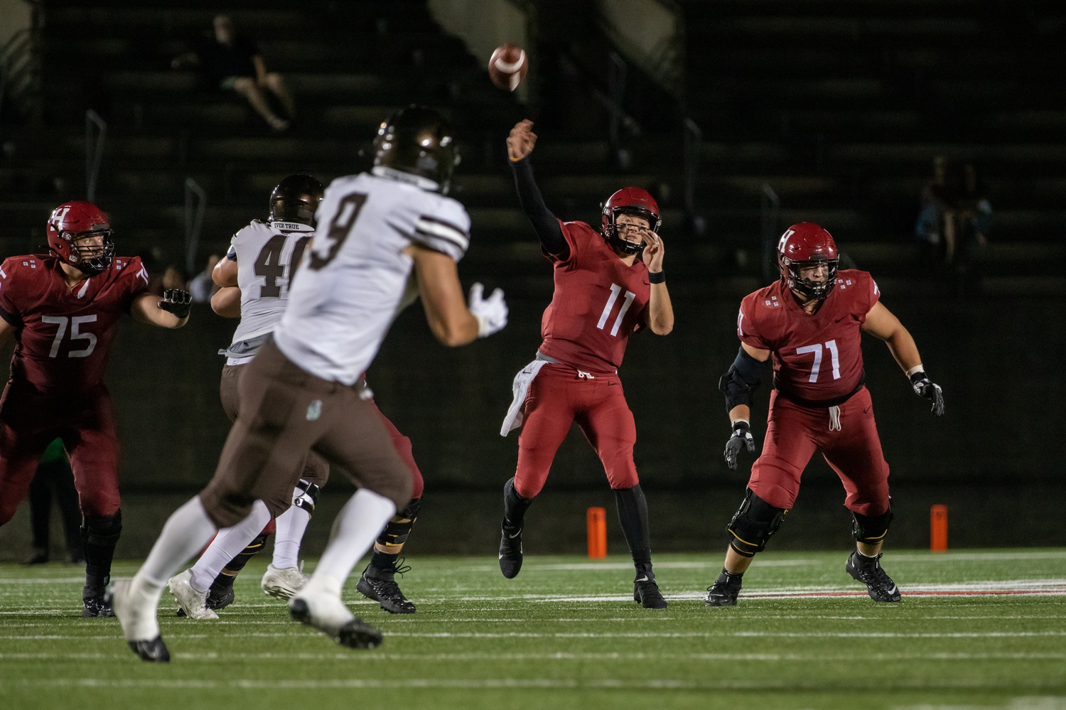 Sophomore quarterback Charlie Dean drives the ball downfield on one of his 24 passing attempts. Dean would finish the night 14-24 with 156 yards, one touchdown, and no interceptions.