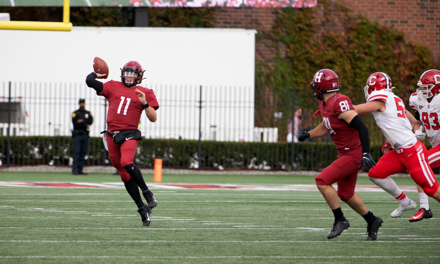 Sophomore quarterback Charlie Dean unleashes a deep throw in the Crimson's 24-10 victory over Cornell.