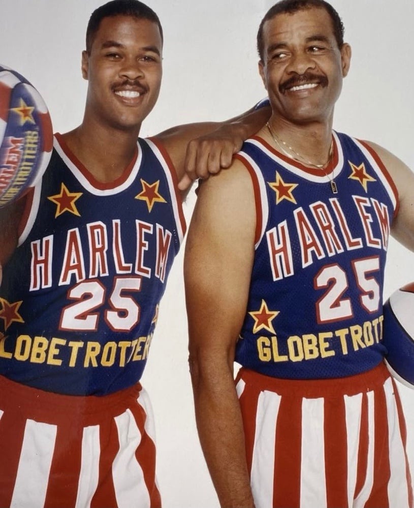 Sterling and Sterling Sr., Mason and McKenzie’s father and grandfather, pose in their Globetrotter uniforms.