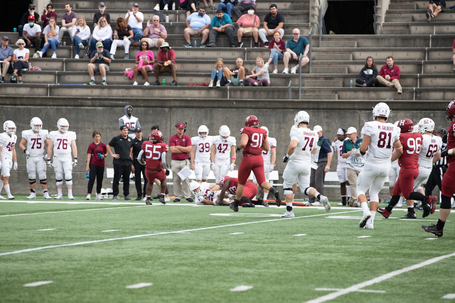 Harvard's defense, captained by senior linebacker #55 Jordan Hill, only surrendered three points on the afternoon.