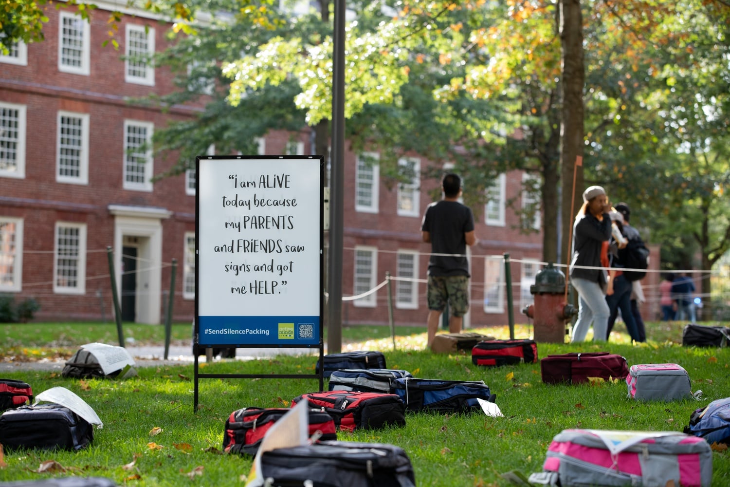 Many of the backpacks on display once belonged to college students who died by suicide and were donated to Active Minds by family or loved ones.