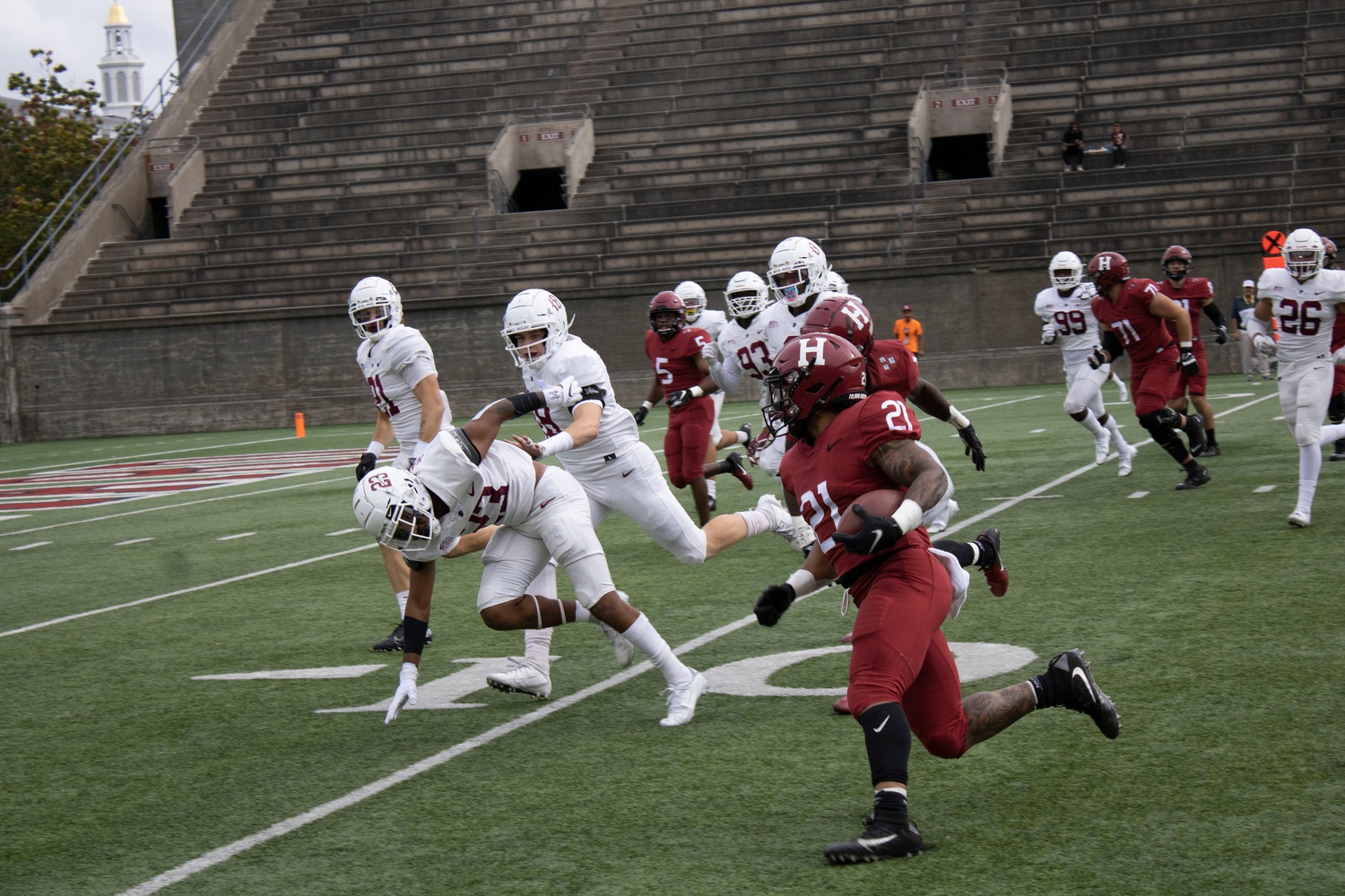Sophomore running back Aidan Borguet ran for 169 of the Crimson’s 229 yards on the afternoon,  scoring two touchdowns before being pulled in the fourth quarter.