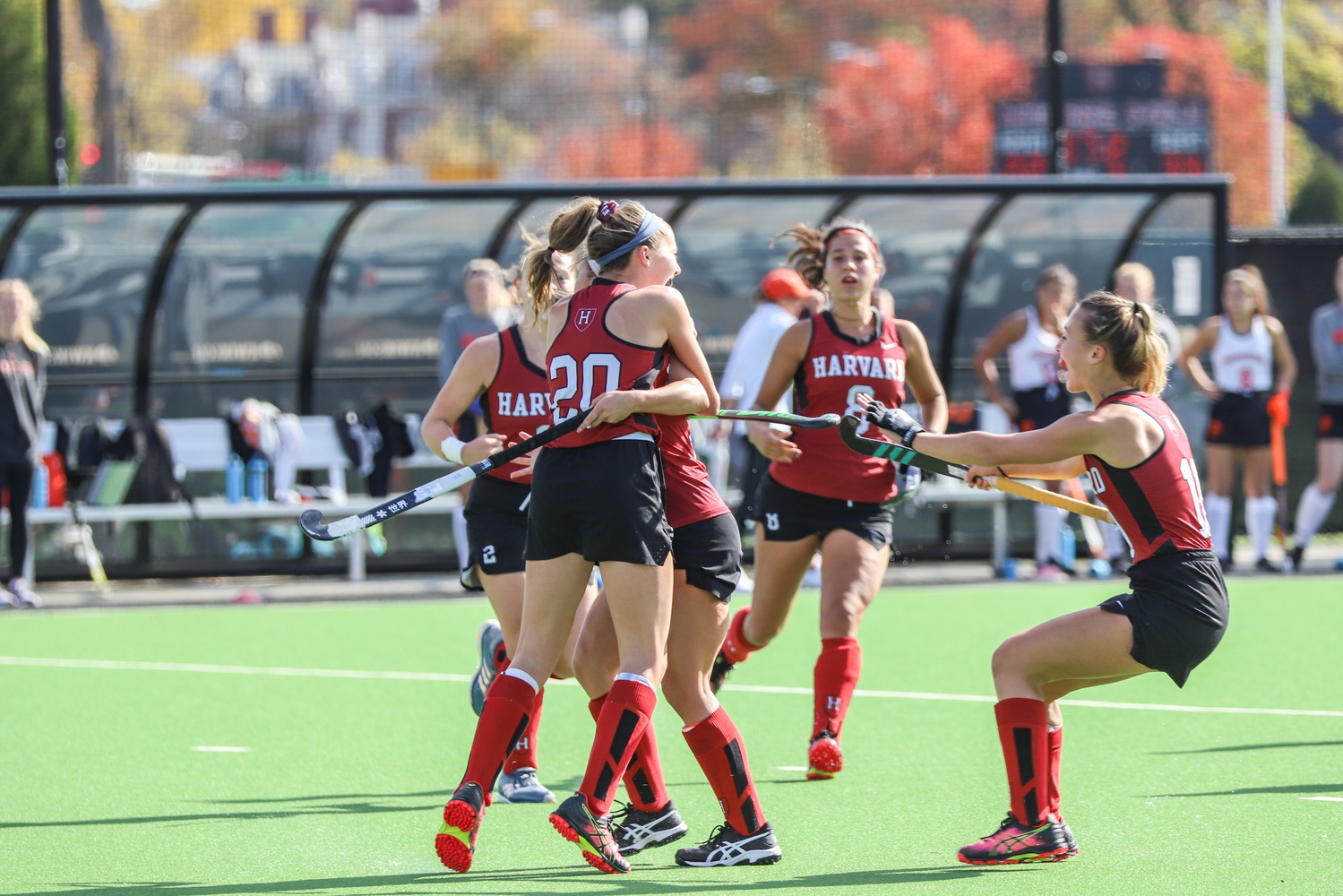 Harvard field hockey (pictured celebrating in 2019) has defeated Dartmouth (Oct. 16) and Boston University (Oct. 18) since its 3-1 win over Yale on Oct. 9.
