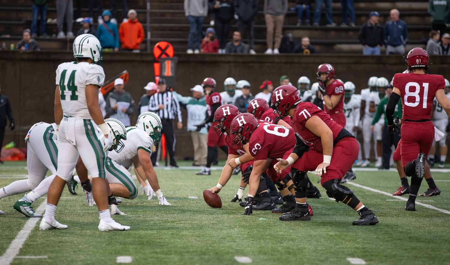 The Crimson offense gets set for a first down as sophomore tight end Haven Montefalco runs across the formation in motion. The Big Green defense held a high-powered Harvard offense to just 223 total yards, including 68 on the ground.