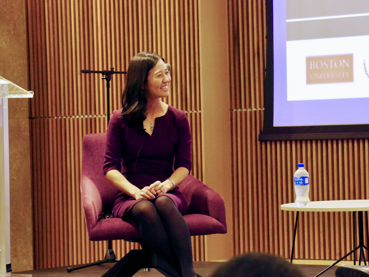 Boston mayoral candidate Michelle Wu '07 at a Boston University forum event on Friday.
