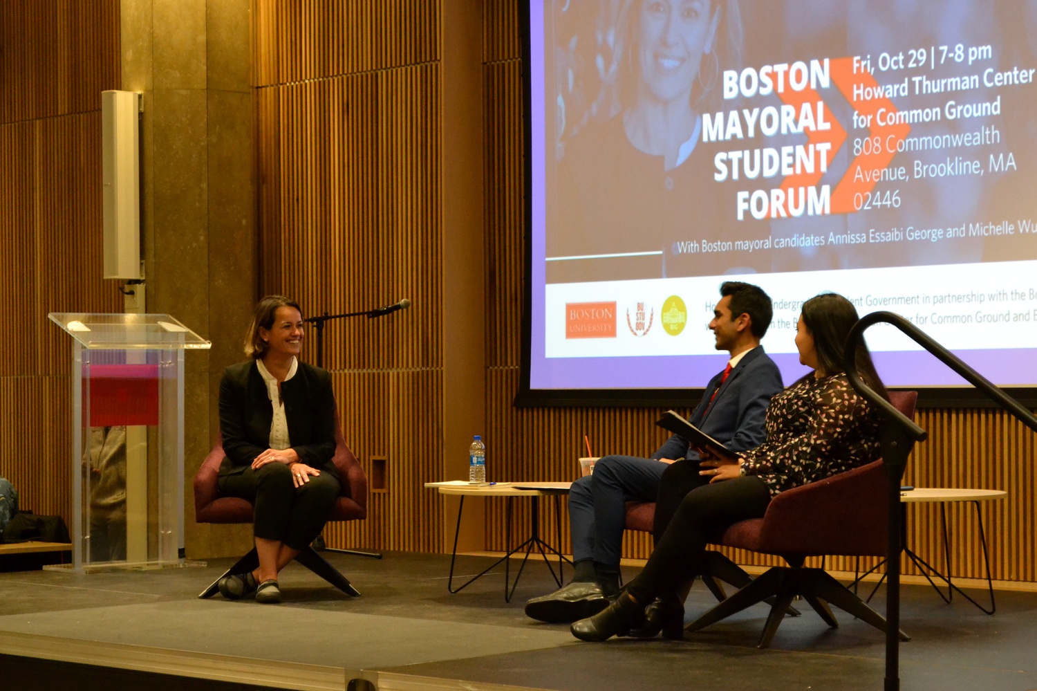 Boston mayoral candidate Annissa Essaibi George at a Boston University forum event on Friday.