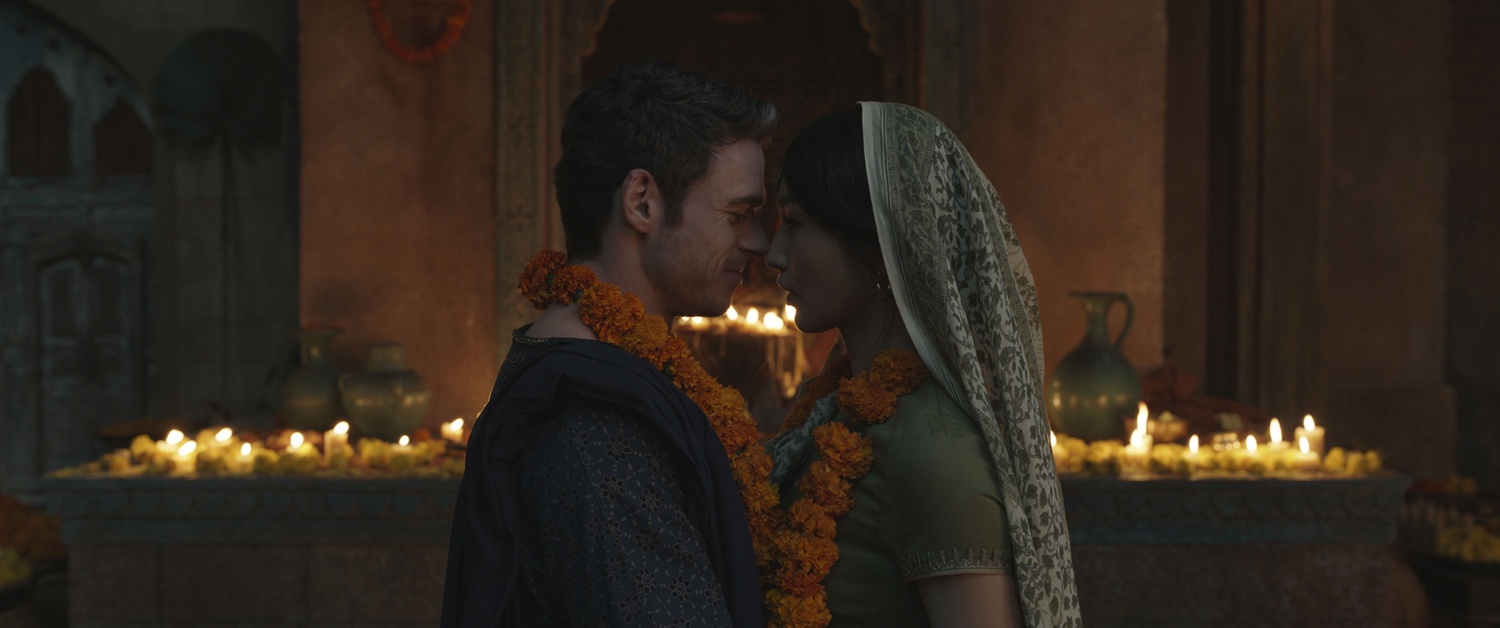 Richard Madden (left) stars as Ikaris and Gemma Chan (right) stars as Sersi in "Eternals" (2021), dir. Chloé Zhao.