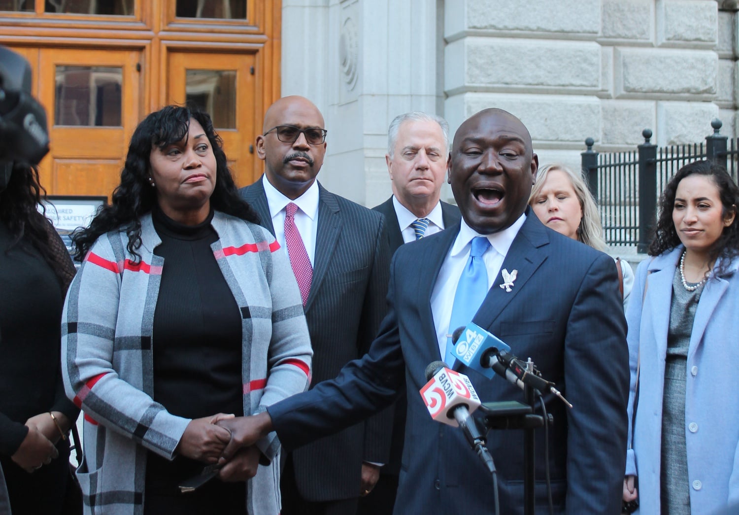 Civil rights attorney Benjamin L. Crump, right, alongside Tamara K. Lanier at a press conference after a hearing in November 2021 before the Massachusetts Supreme Judicial Court at the John Adams Courthouse in Boston.