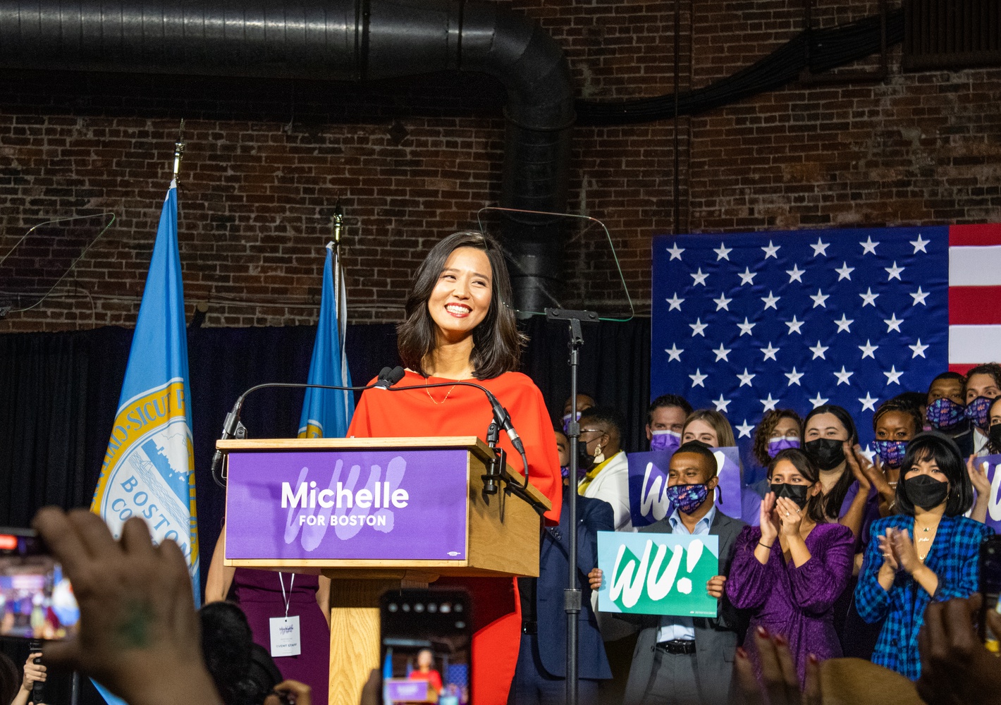 Michelle Wu ’07 — who became the first woman and person of color elected mayor in Boston history — takes the stage at her election night event in Boston Tuesday evening.