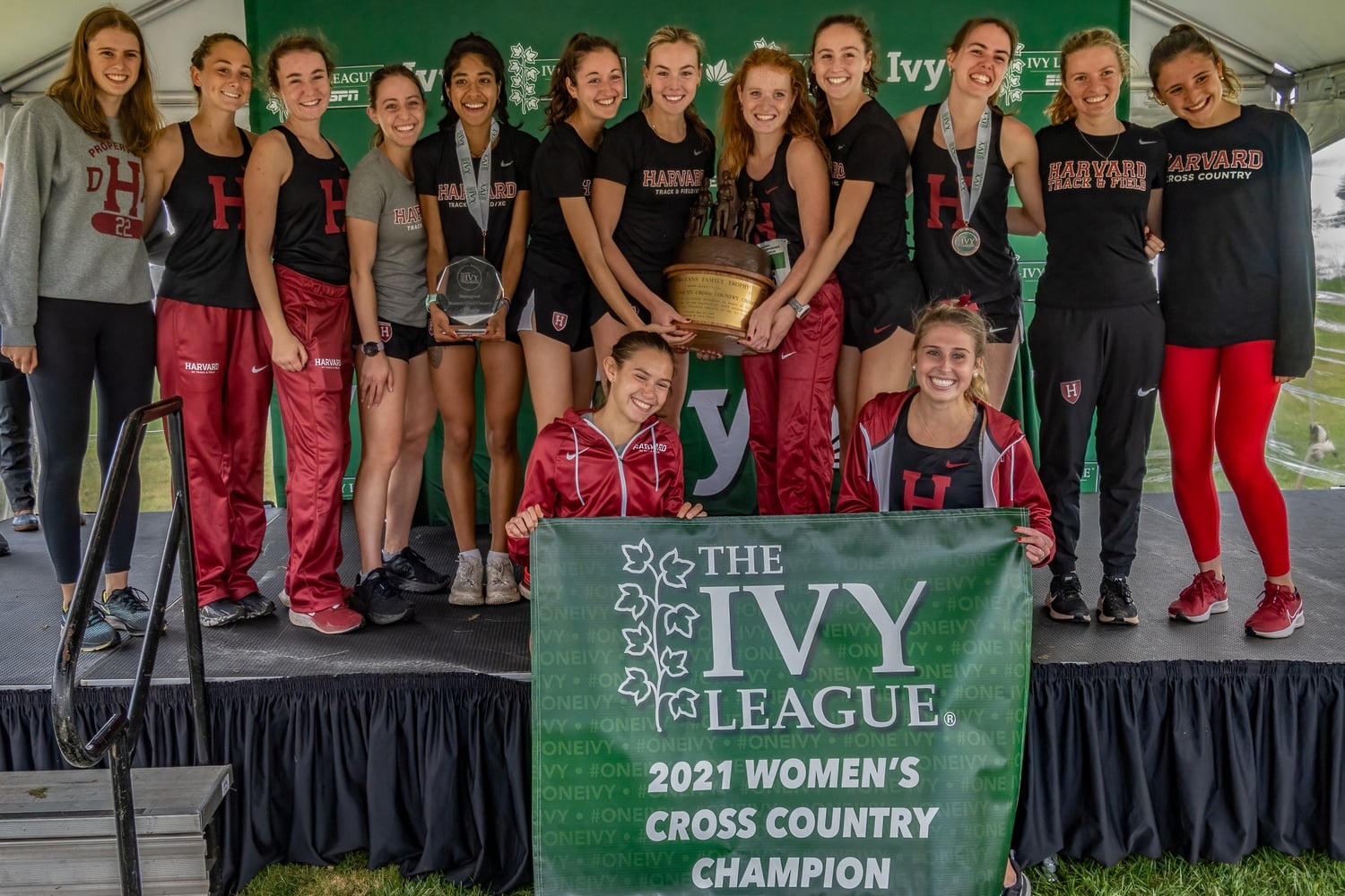 The women's cross country team celebrates its Ivy League team championship.