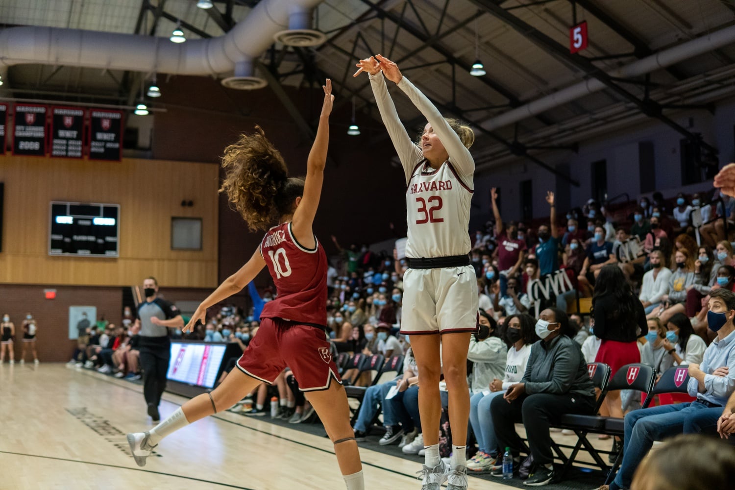 First-year guards Elena Rodriguez and Elle Stauffer (pictured above at the Crimson Madness scrimmage) will look contribute on a team full of newcomers. Harvard first-years and sophomores got their first taste of college basketball on Tuesday against Boston College.