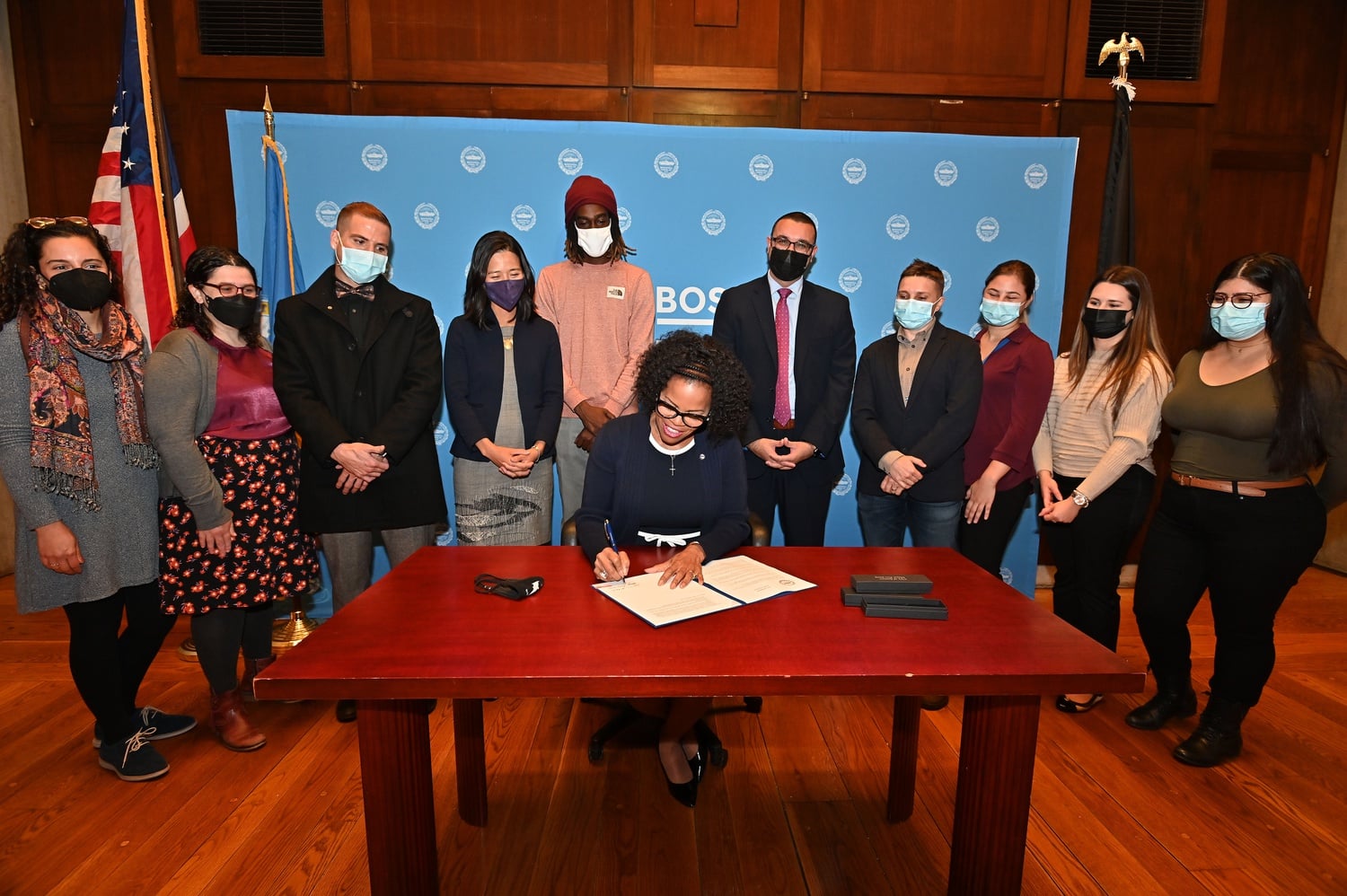 Acting Boston Mayor Kim Janey signs a city-wide ordinance to increase transparency of police use of surveillance technologies in October.