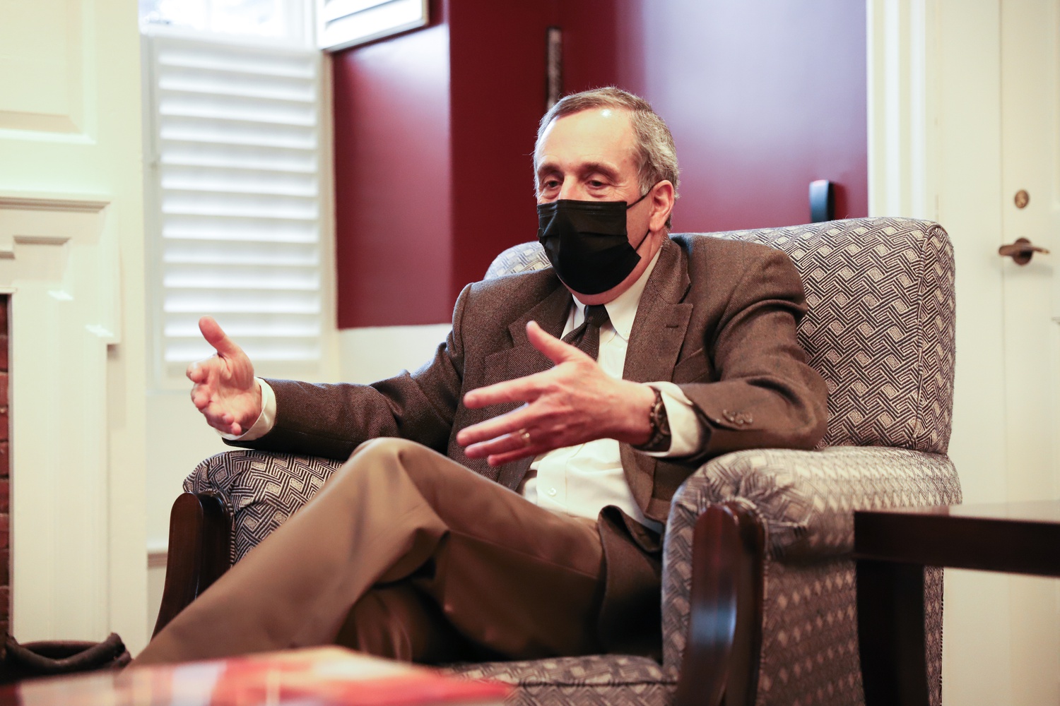 University President Lawrence S. Bacow during his interview with The Crimson on Thursday.