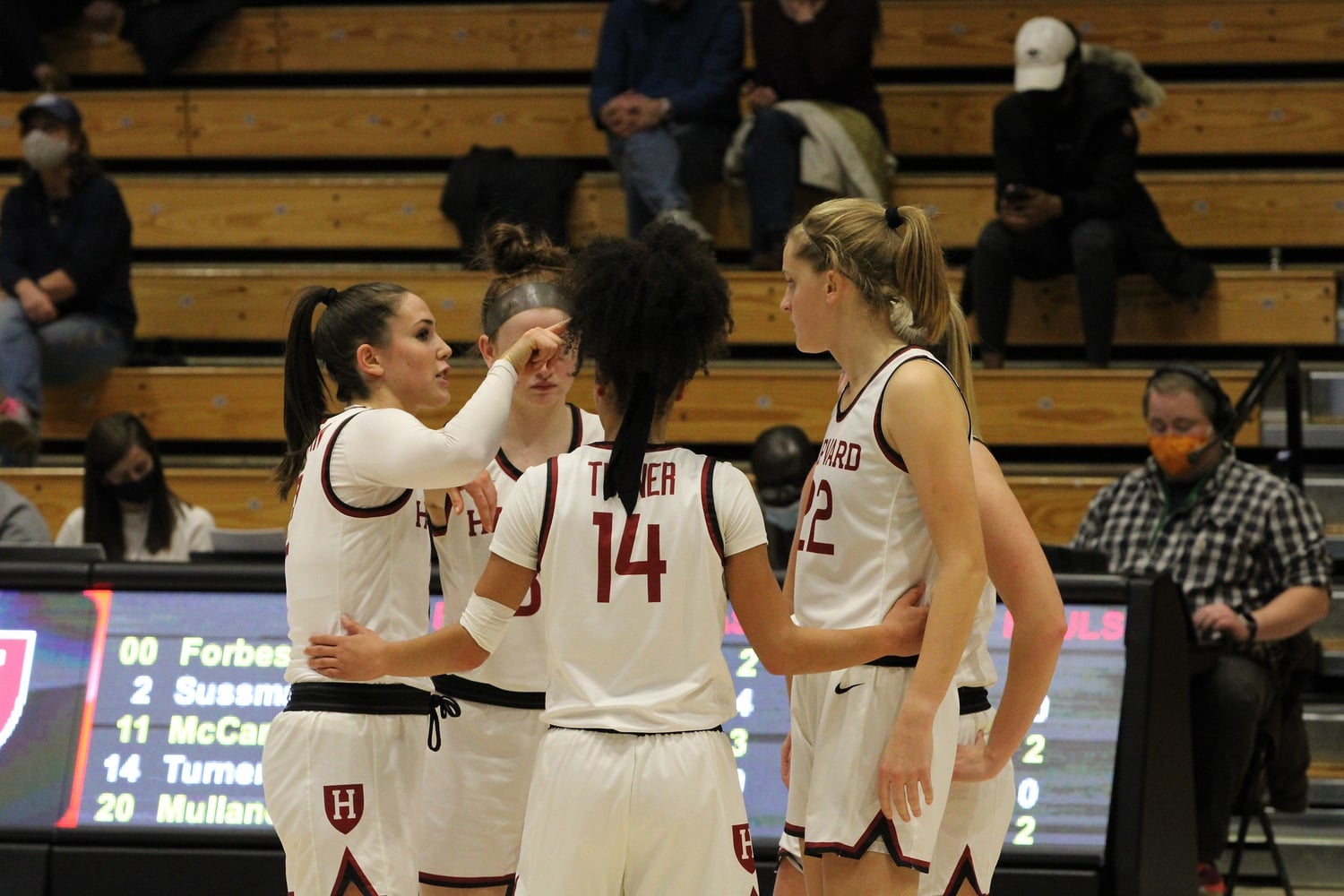 First-year guard Harmoni Turner and the Crimson huddle up in a home victory with Merrimack last Tuesday. Harvard was unable to carry this momentum with it on the road, as it lost a pair of games in the Arizona State Classic.