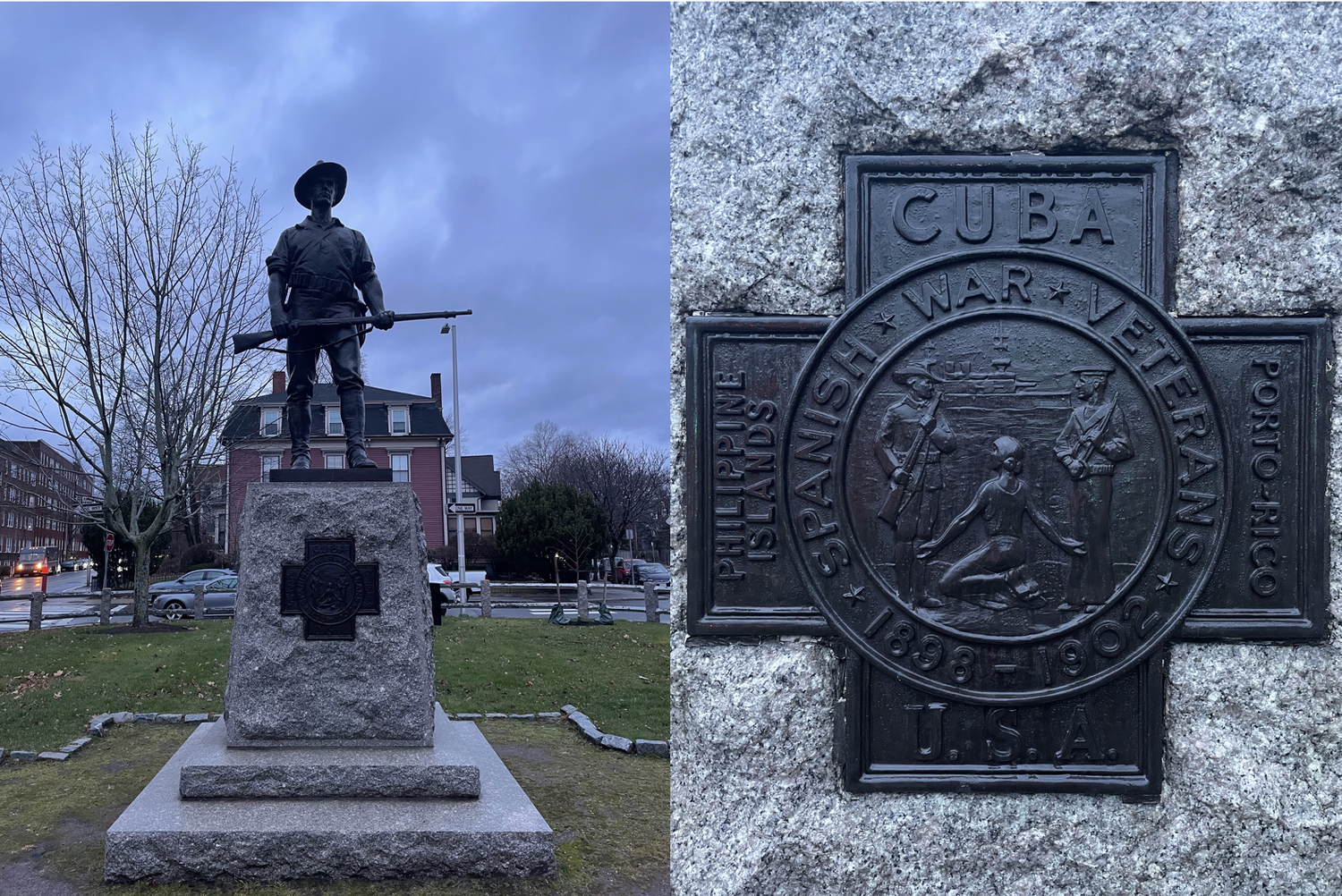 Located at the intersection of Garden Street and Concord Avenue in Cambridge, MA, is a bronze statue of a U.S. soldier holding a rifle. On the front is an emblem for Spanish War Veterans which features a native Filipina woman kneeling at the feet of two U.S. servicemen. The back reads: “This monument erected by the City of Cambridge to her sons who on land and sea defended the nation’s honor in the war with Spain, the insurrection in the Philippines, and the China Relief Expedition 1898-1902.”