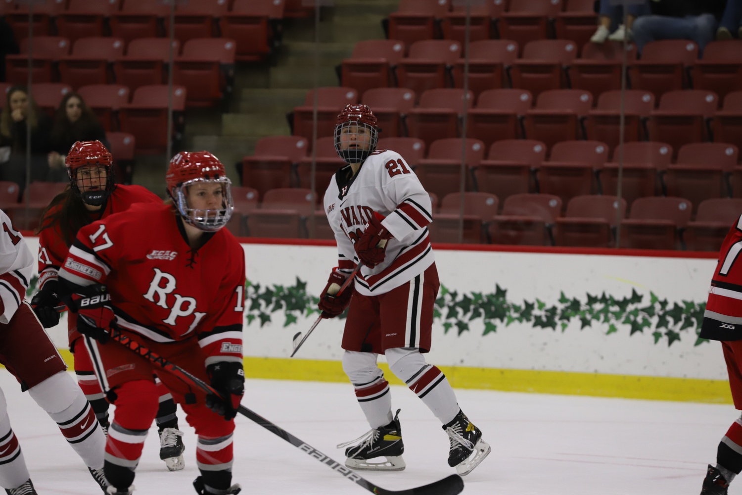 Harvard senior forward Keely Moy in the Crimson's 4-3 victory over Rensselaer Polytechnic Institute on Dec. 4.