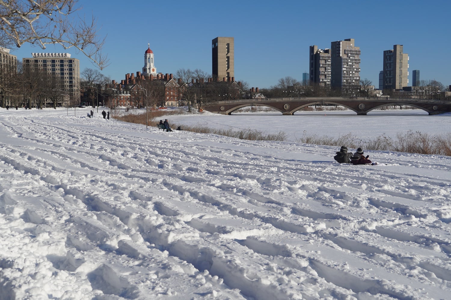 People enjoy the snow on a bank of the Charles River.