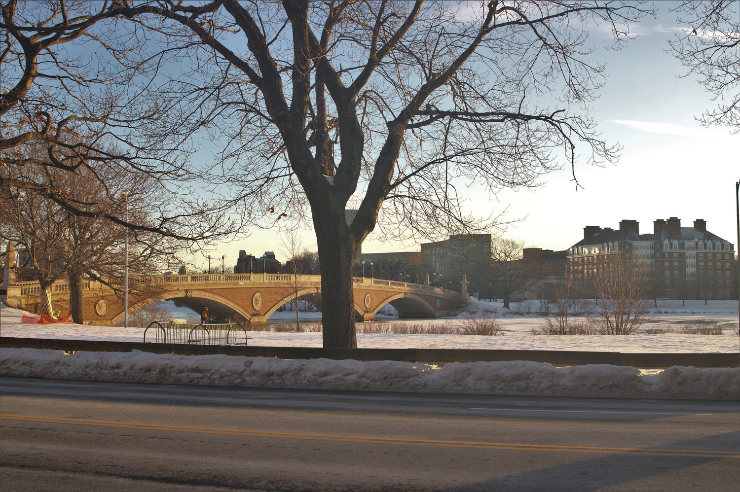 Outside of Winthrop House, the frozen-over Charles River is a picturesque scene for those walking along its banks.