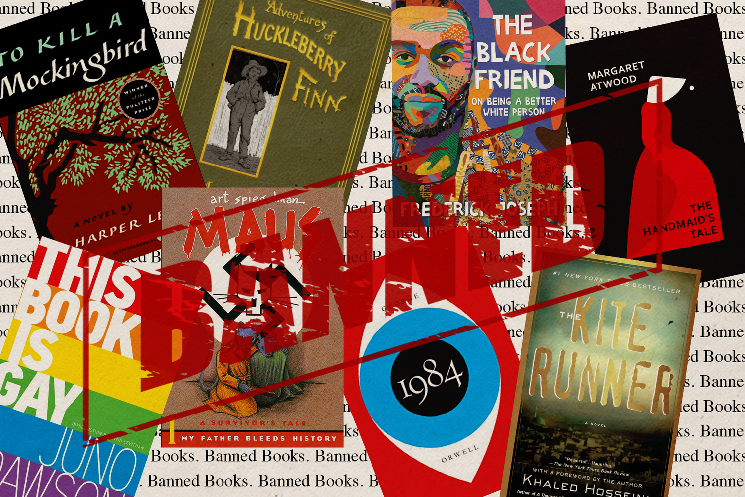 Collage of banned books including Art Spiegelman's "Maus."