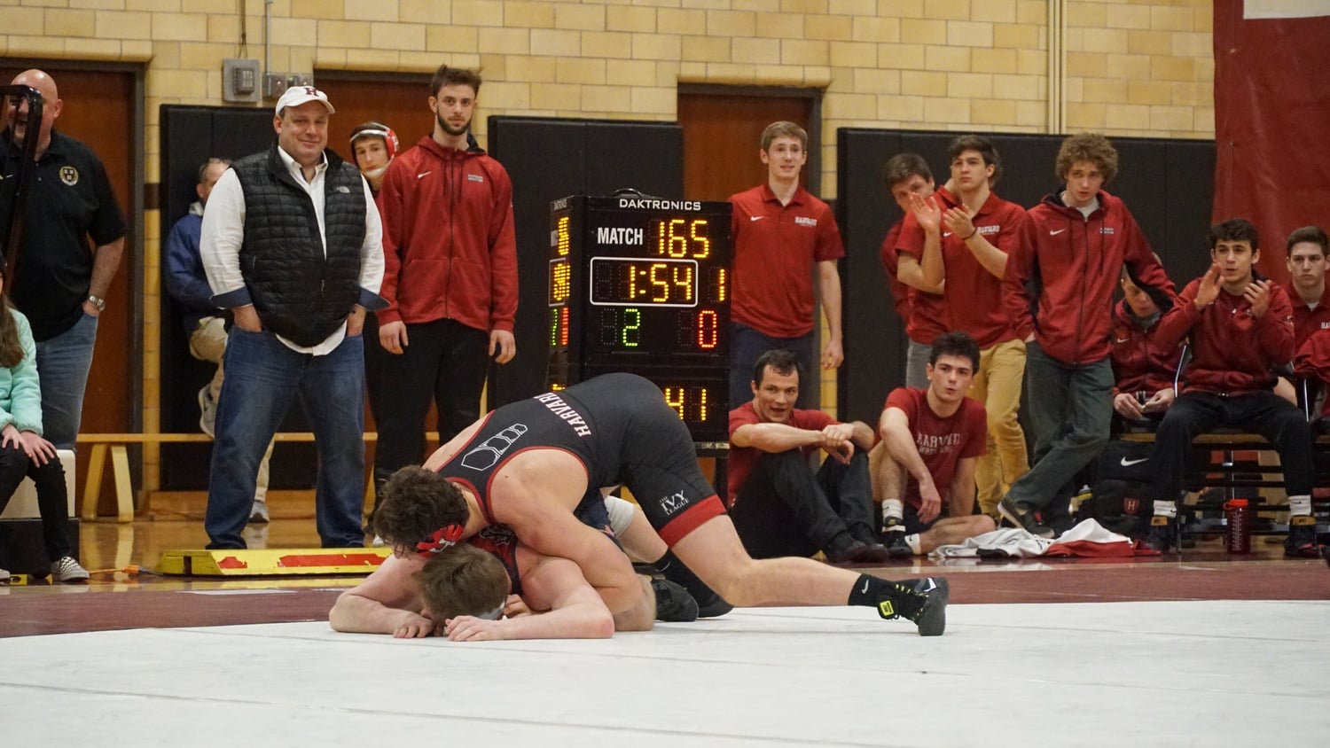 Senior Phillip Coniglario wrestling in a match against Penn. The Belmont Hill product led the Crimson's delegation at the NCAA Wrestling Championships in Kansas City.