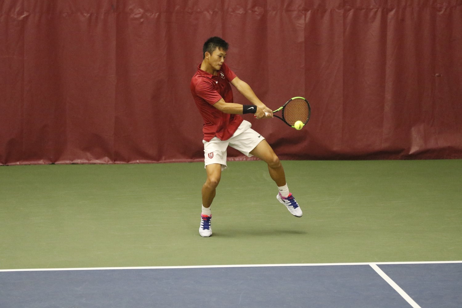Harvard men's tennis participates in a 4-3 victory over Cornell on April 20, 2019. This past weekend, the Crimson managed a trio of victories over Ivy League opponents to claim the ECAC crown.