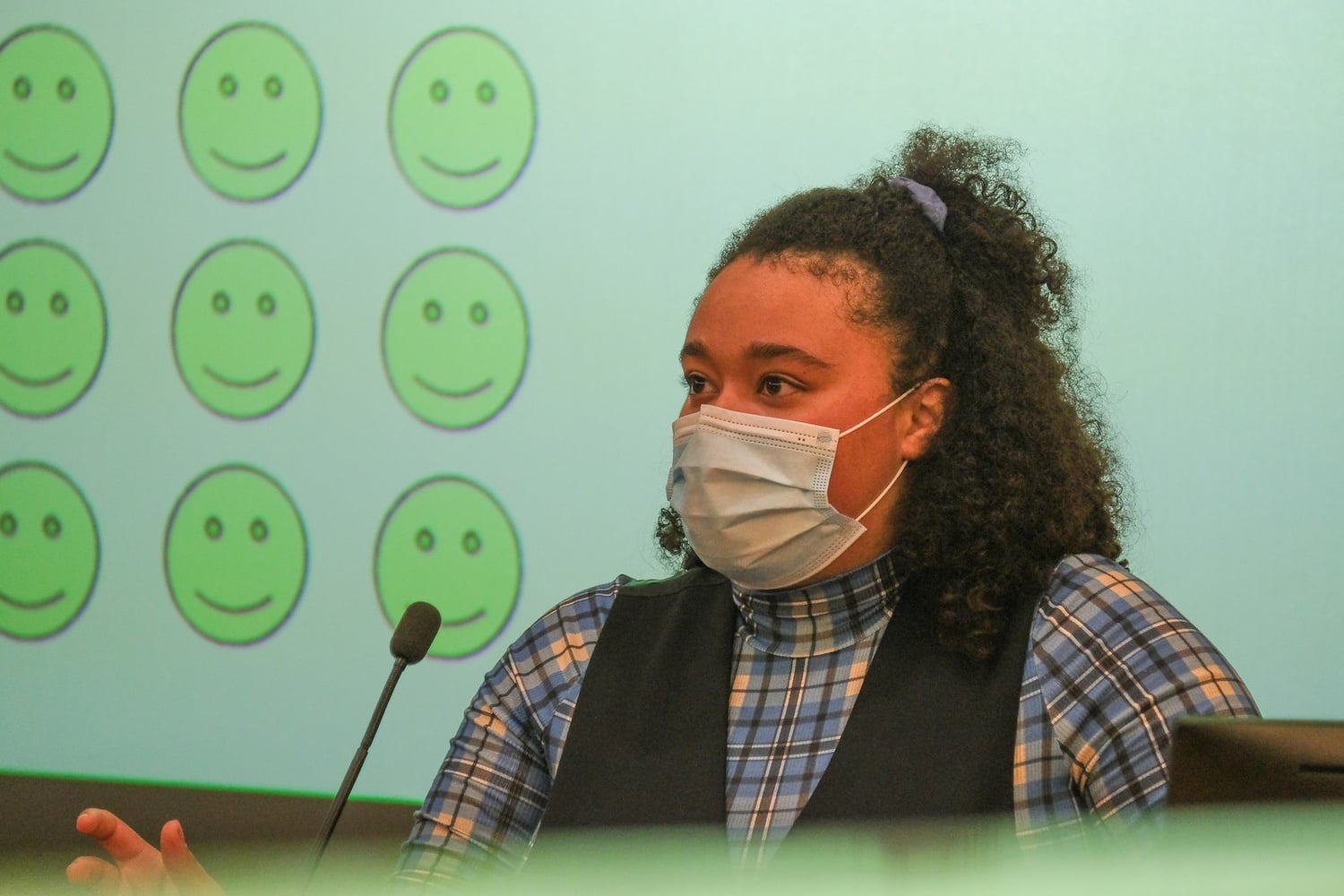 Lowell House Representative LyLena D. Estabine ’24 answers questions about the Citizens' Assembly at the UC's general meeting Tuesday.