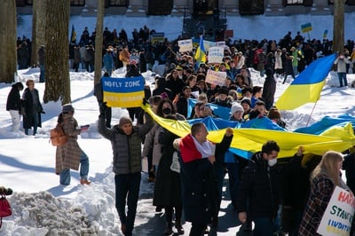 Cover image for As Rockets Fly in Kyiv, Hundreds Rally for Ukraine in Harvard Yard
