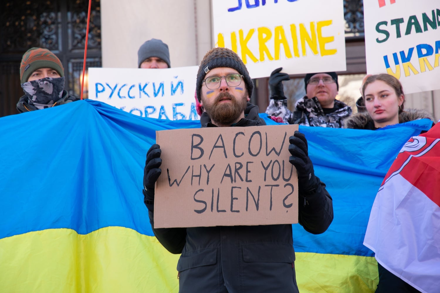 Michał Miąskiewicz '04, a Harvard Ph.D student, called on University President Lawrence S. Bacow to speak out in support of Ukraine at a rally held Saturday in Harvard Yard.