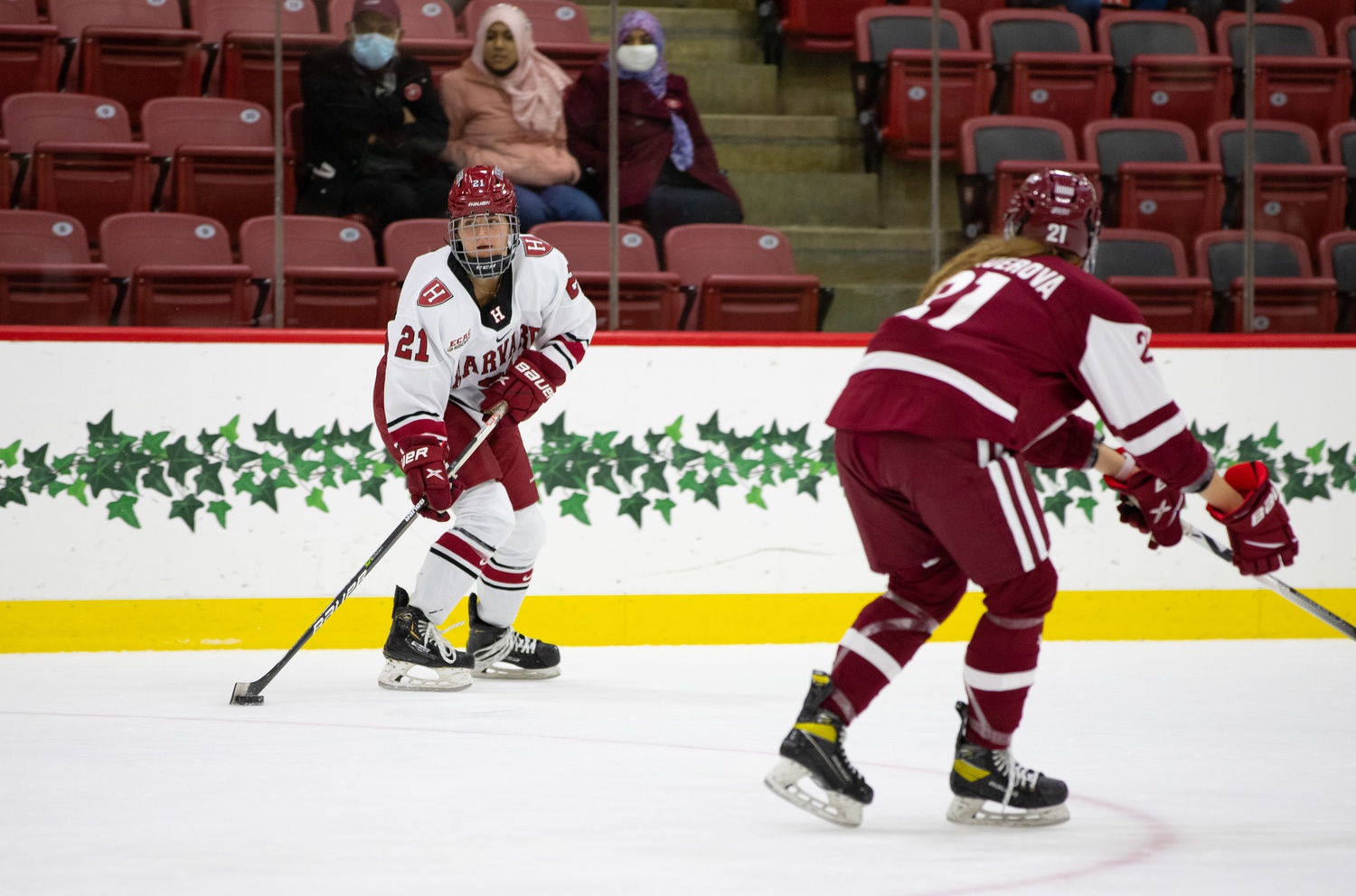 Senior forward Keely Moy awaits the puck in a 5-4 overtime loss to Colgate on Oct. 30. Moy found the back of the net in the deciding Game Three against Princeton, but her score was waved off by goalie interference.