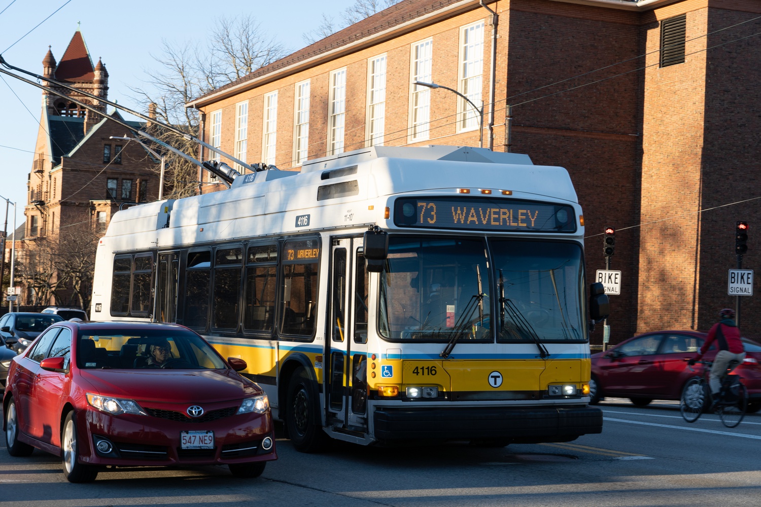 A trolley bus travels down Massachusetts Avenue Tuesday.