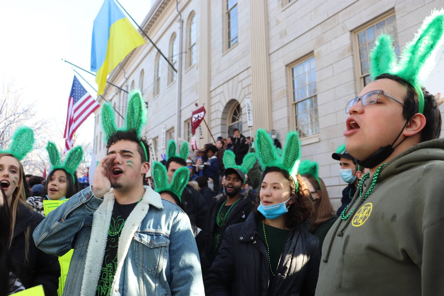 Leverett students donned bunny ears and chanted in front of University Hall on Housing Day morning in 2022.