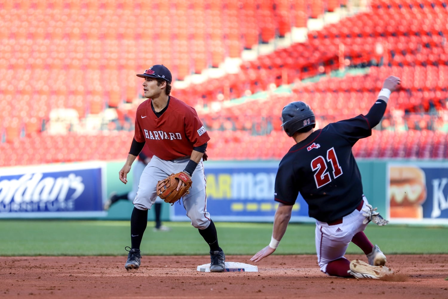 Then-freshman  infielder Hunter Baldwin, now a junior, attempts to make a play at second base in the Beanpot Championship on April 17, 2019.