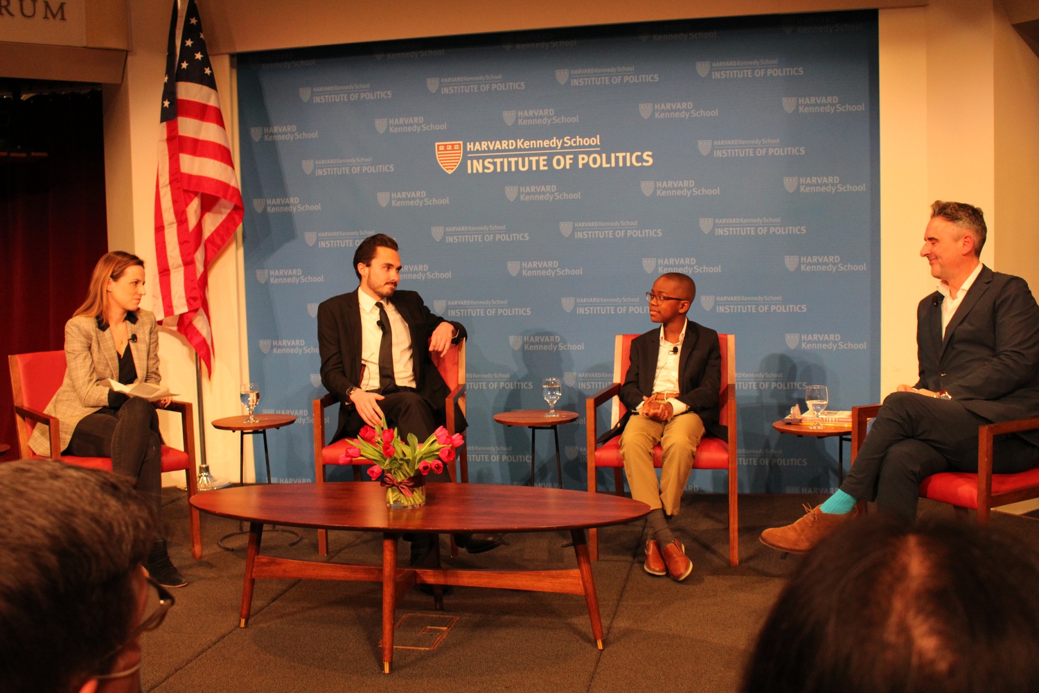 A panel of youth activists discussed Gen Z's influence on politics at a Harvard Institute of Politics forum on Tuesday evening. From left, Alicia J. Menendez ’05, David M. Hogg ’23, Orion M. Jean, and John Della Volpe.