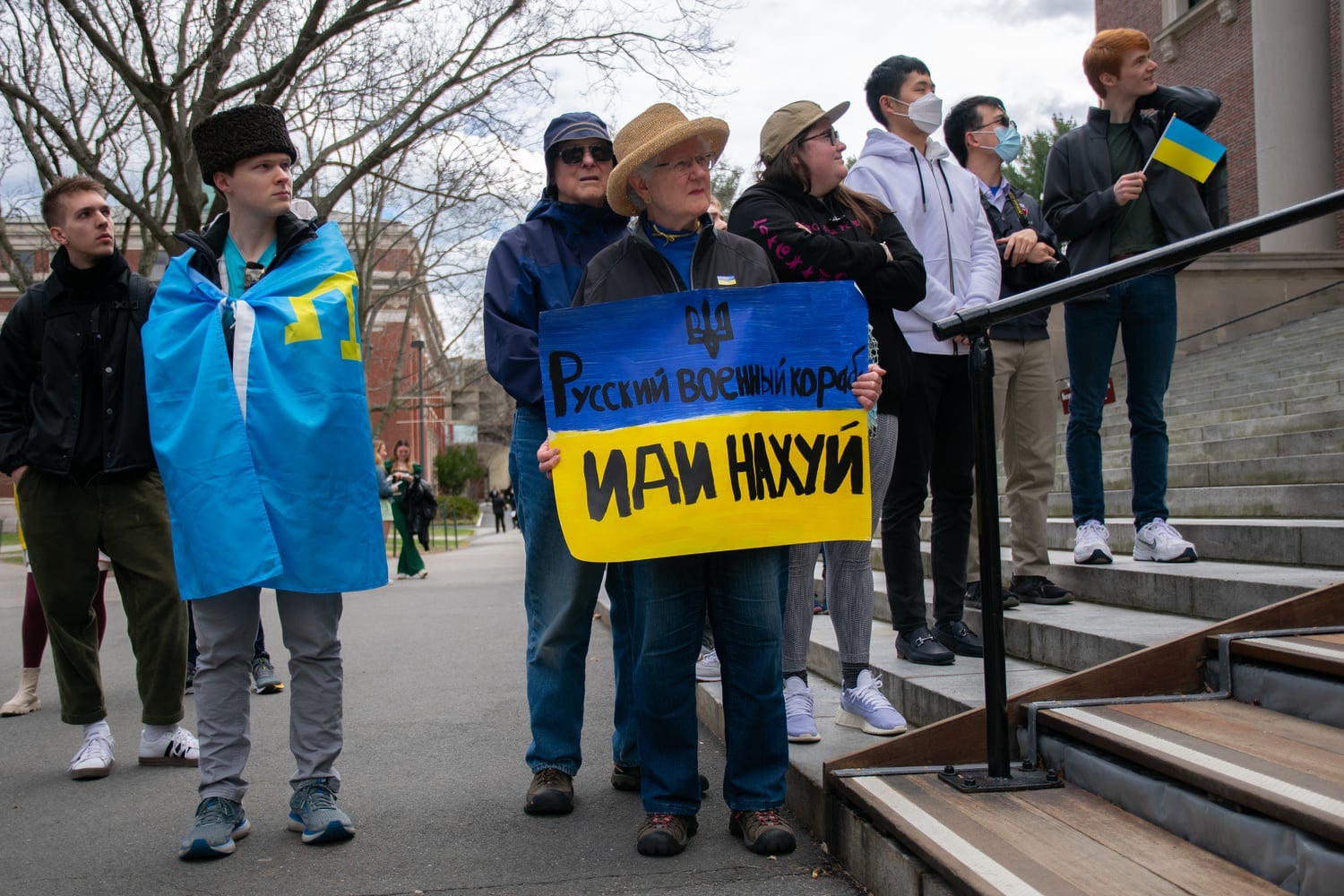 Rally attendees gathered in Harvard Yard to show support for Ukraine.