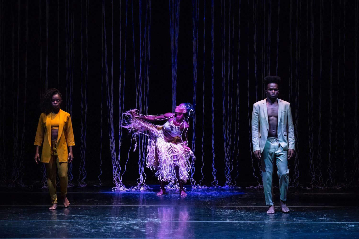 From left to right: Liliana Hurtado Hinestroza, Maria Elena Murillo Palacios, and Yeison Moreno Cordoba in Sankofa Danzafro’s “Accommodating Lie.”