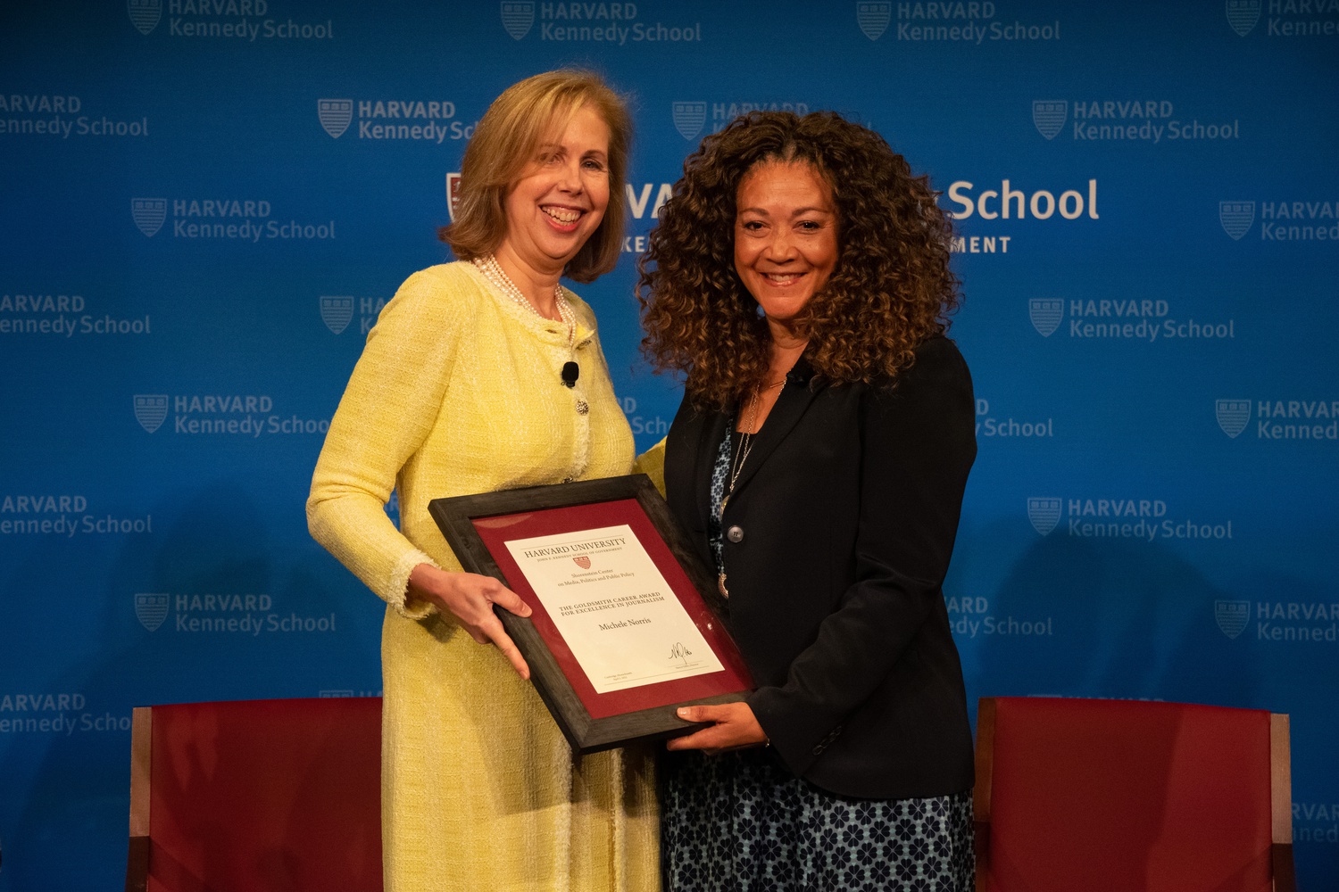 Nancy Gibbs, Shorenstein Center Director, presents Michele Norris, columnist for the Washington Post, with the 2022 Career Award at the Harvard Kennedy School's Goldsmith Awards Ceremony.
