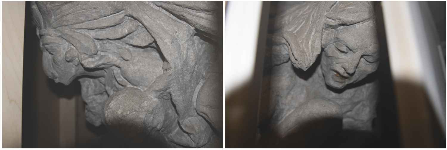 A side profile of the middle figure on the left pillar of the Westmorly Court fireplace, and a close-up of the inner figure on the left figure, both thought to be racist caricatures. In either sport or war, these are purported to depict an Indigenous person and Asian person respectively.