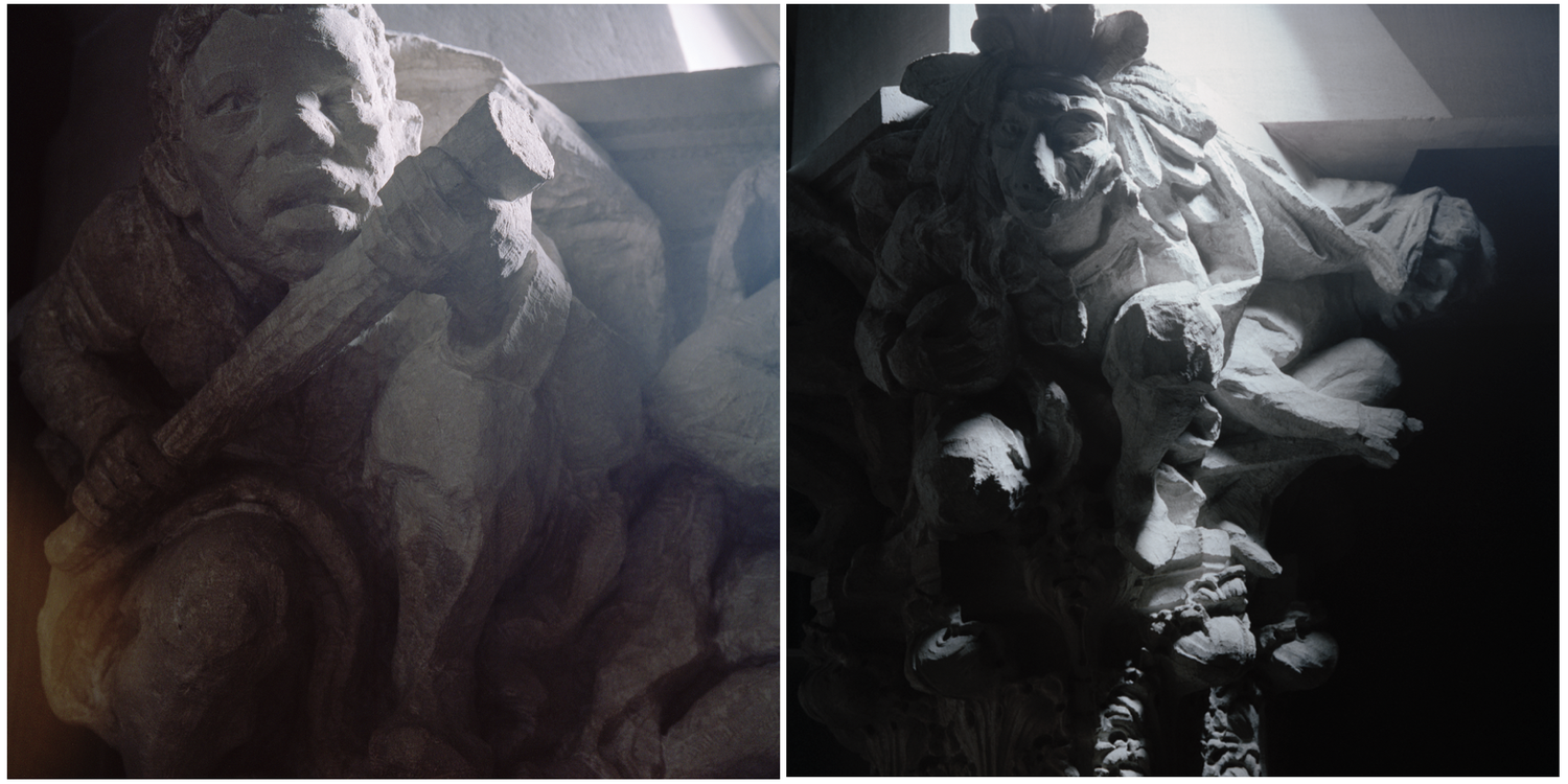Shots of the left pillar’s statues, which are purported to caricature an African person and an Indigenous person, taken before the carvings were encased.