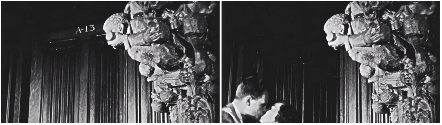 An oblique angle of the suite next to the fireplace, with one of the statues in partial view. Two students exit the suite and share a kiss. These are film stills from the 1950s film “Goldcoasting,” about the daily life of Adams House residents.