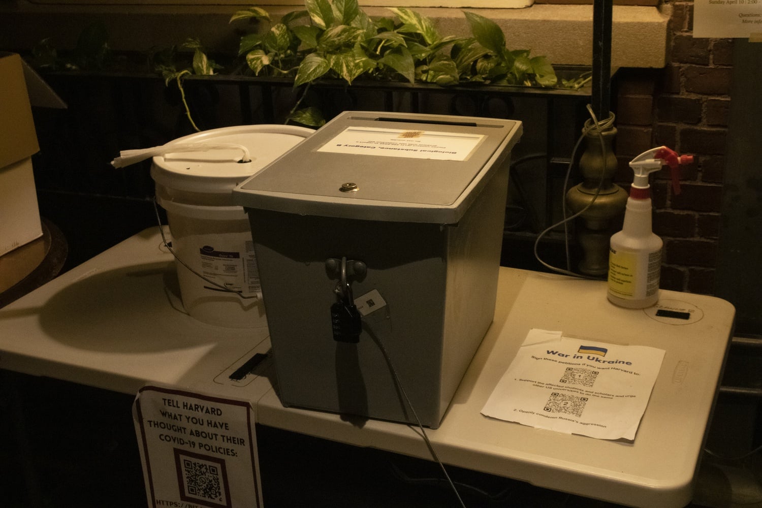 Harvard undergraduates are required to submit Covid-19 tests once per week. Tests are dropped off in bins placed around campus, pictured above.