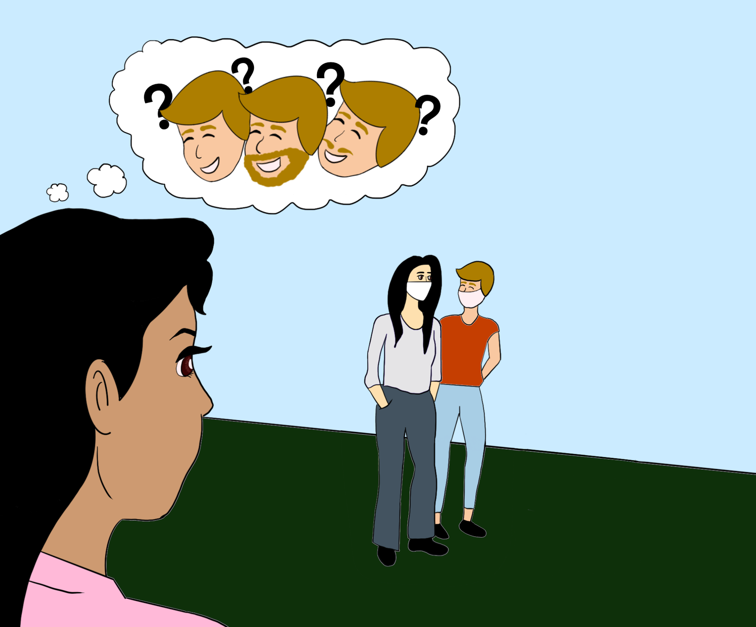 A drawing of a person seeing someone else wearing a mask and imagining what their face would look like.
