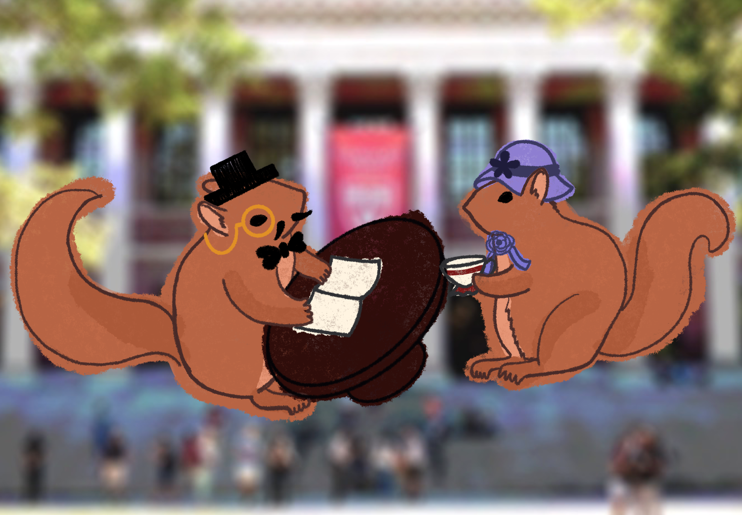 A drawing of pretentious squirrels sitting on the Widener steps.