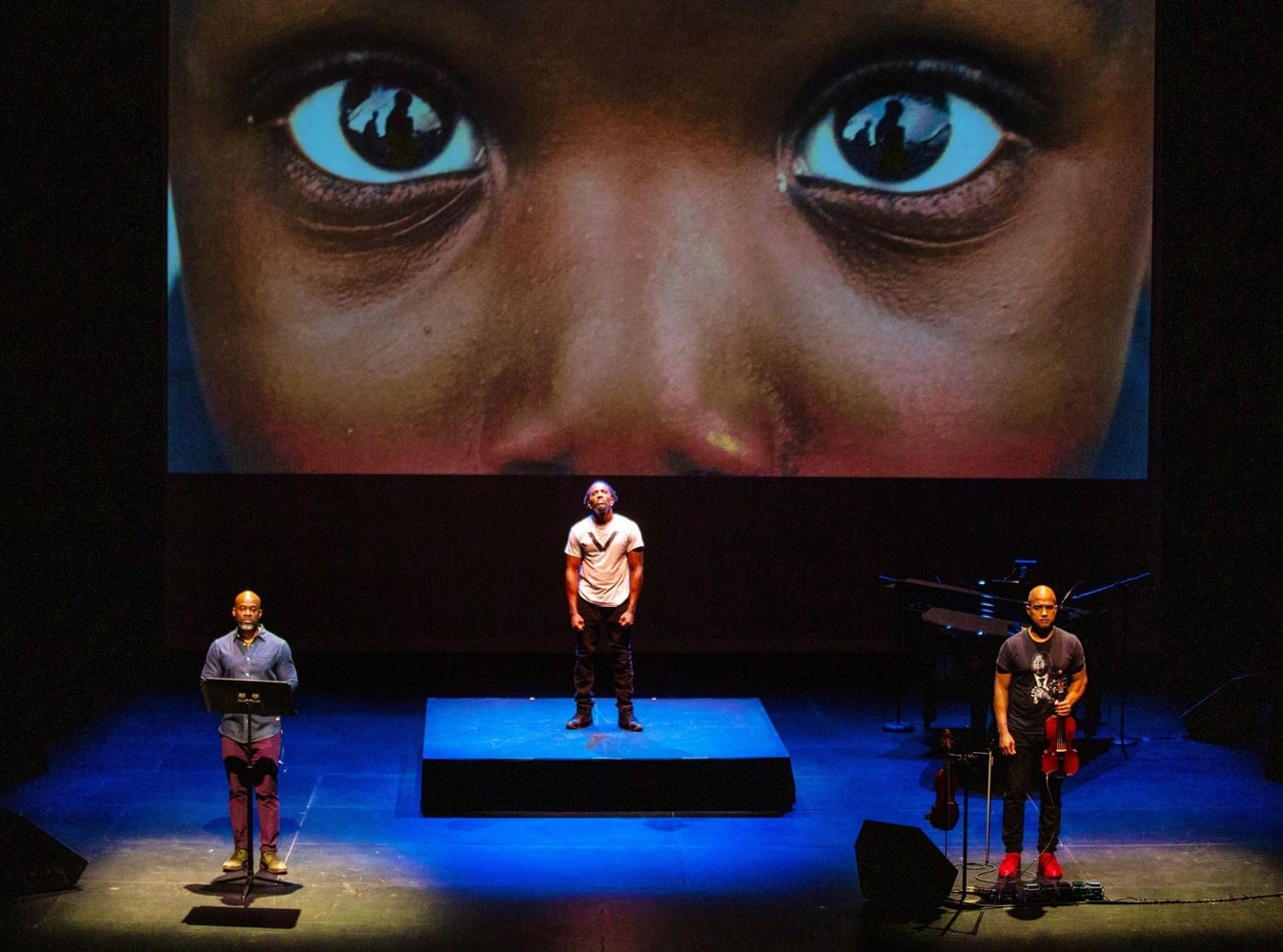 From left to right, Marc Bamuthi Joseph, KingHavoc, and Daniel Bernard Roumain in Celebrity Series of Boston's production of "The Just and the Blind."