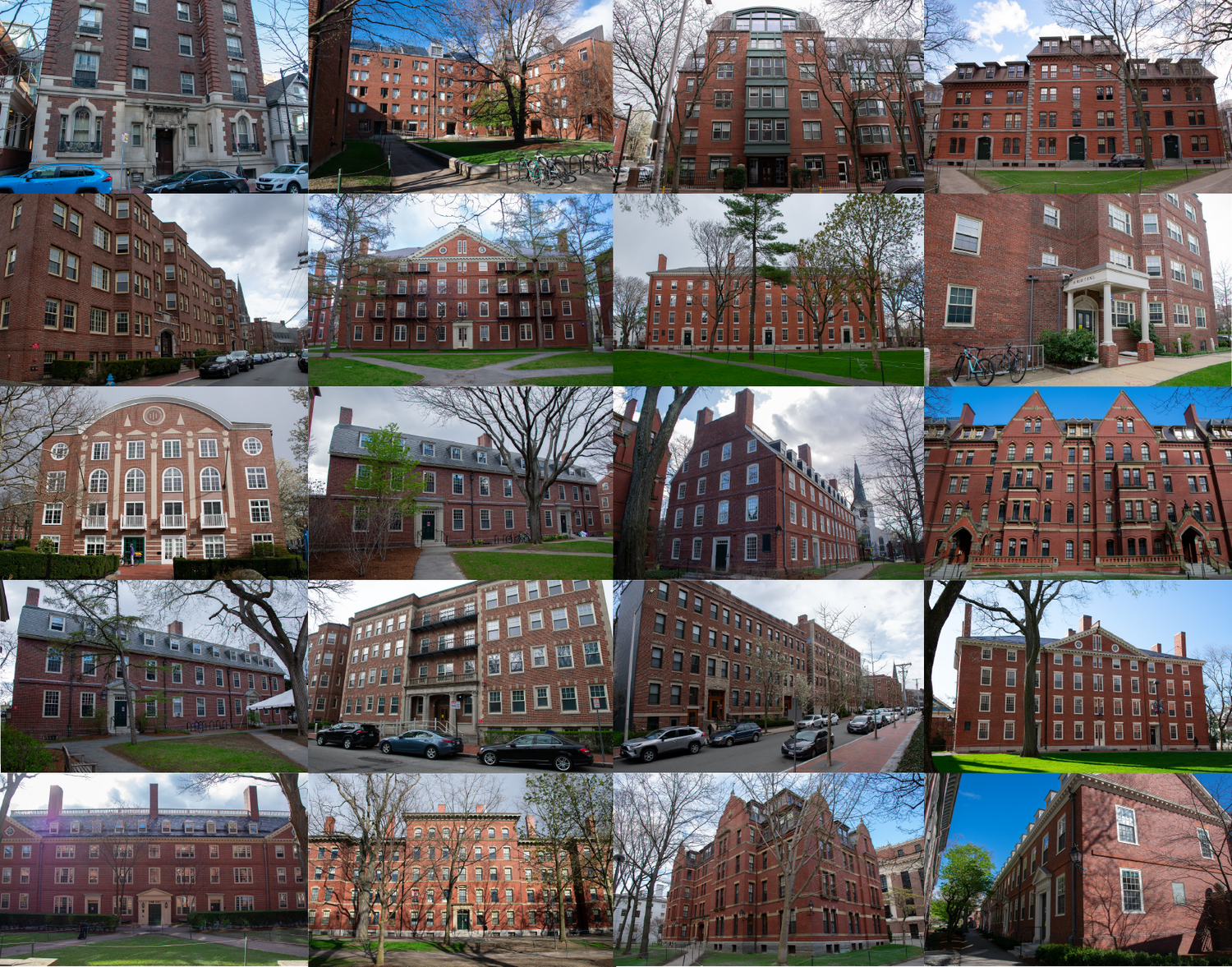 Harvard's 20 freshman dorms, left to right and top to bottom: Apley, Canaday, DeWolfe, Grays, Greenough, Hollis, Holworthy, Hurlbut, The Inn, Lionel, Massachusetts Hall, Matthews, Mower, Pennypacker, The Prescotts, Stoughton, Strauss, Thayer, Weld, and Wigglesworth.