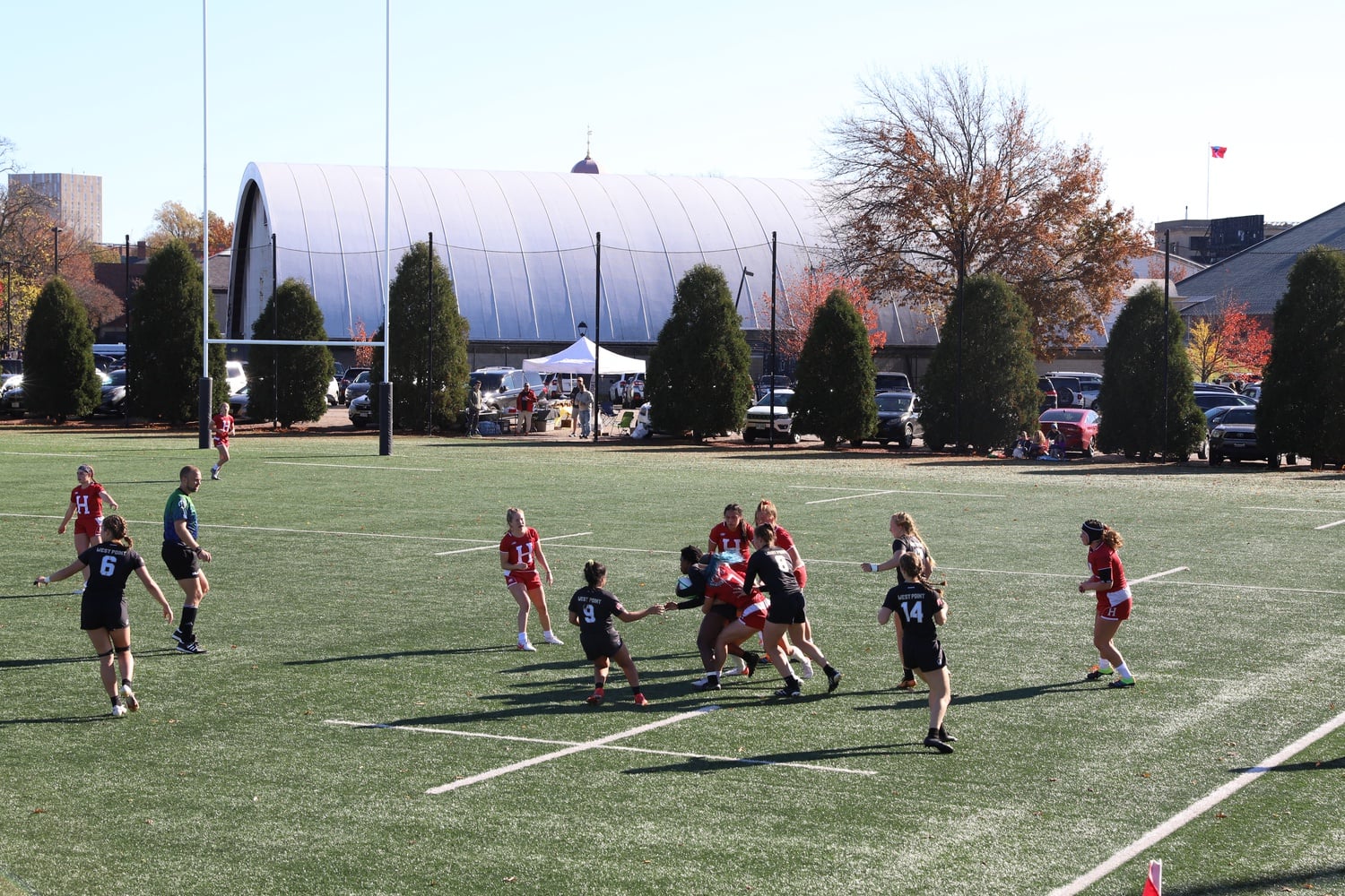 Harvard women's rugby competes in the NIRA national semifinals against Army in a 25-17 loss on Nov. 13, 2021. The 7s team exacted revenge on the Black Knights twice en route to a Crimson 7s title.
