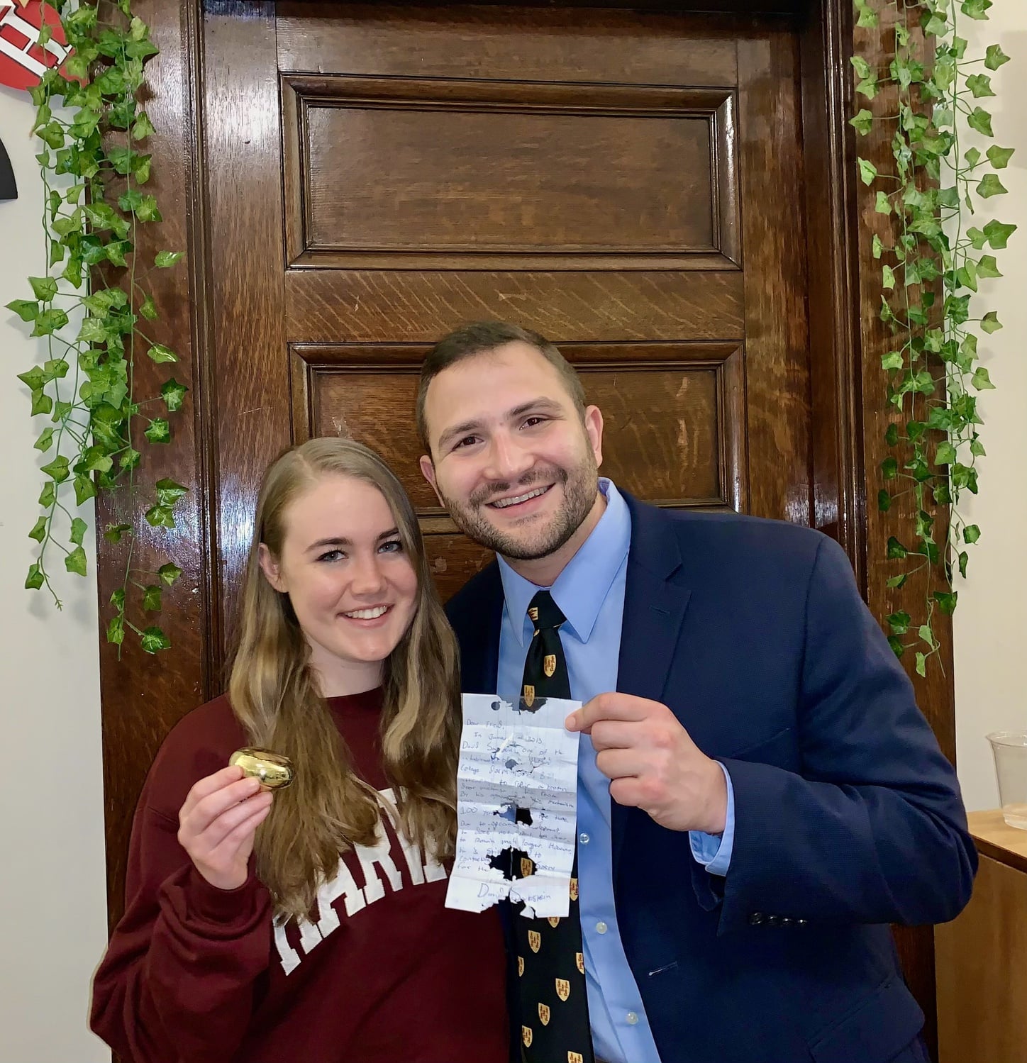 Alexa C. Jordan '22 (left) found a note inside her broken doorknob — planted as a gift to future residents by David F. Sackstein '14 (right). The two have since bonded over the unlikely time capsule.