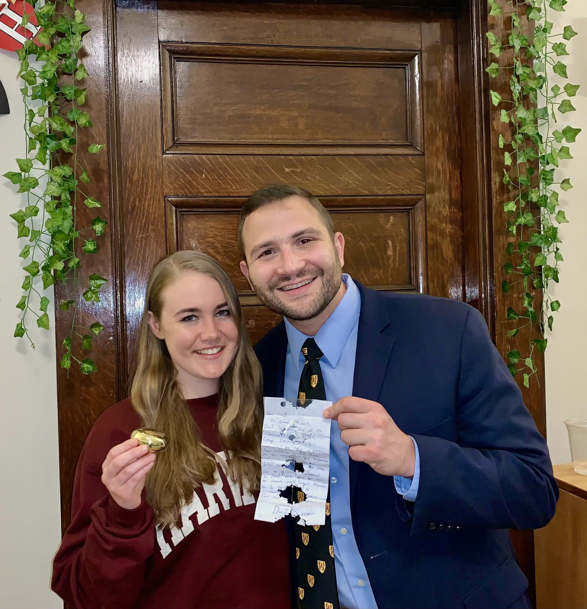 Alexa C. Jordan '22 (left) found a note inside her broken doorknob — planted as a gift to future residents by David F. Sackstein '14 (right). The two have since bonded over the unlikely time capsule.