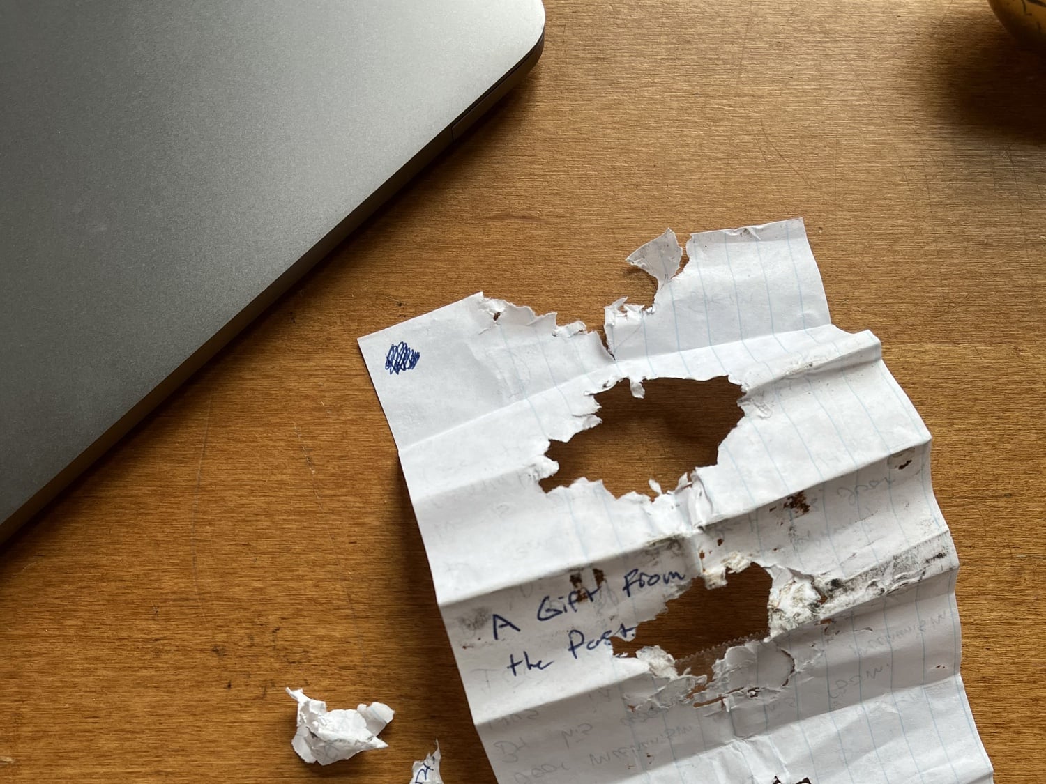 The note, entitled "A Gift from the Past," was weathered and torn, but still legible.