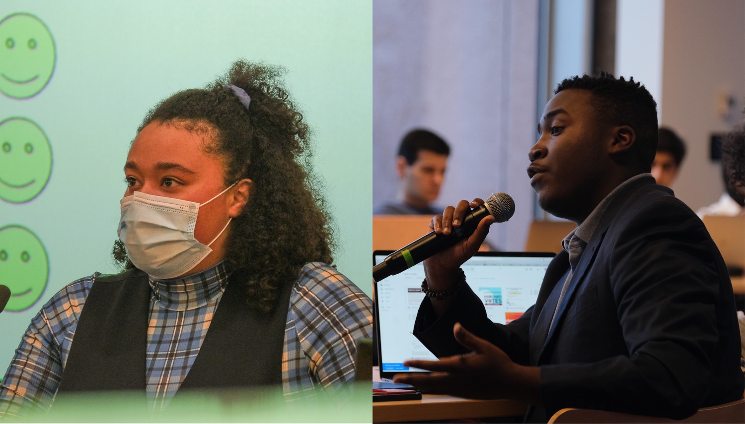 LyLena D. Estabine ’24, left, and Travis Allen Johnson ’24 pictured at Undergraduate Council meetings earlier this semester.