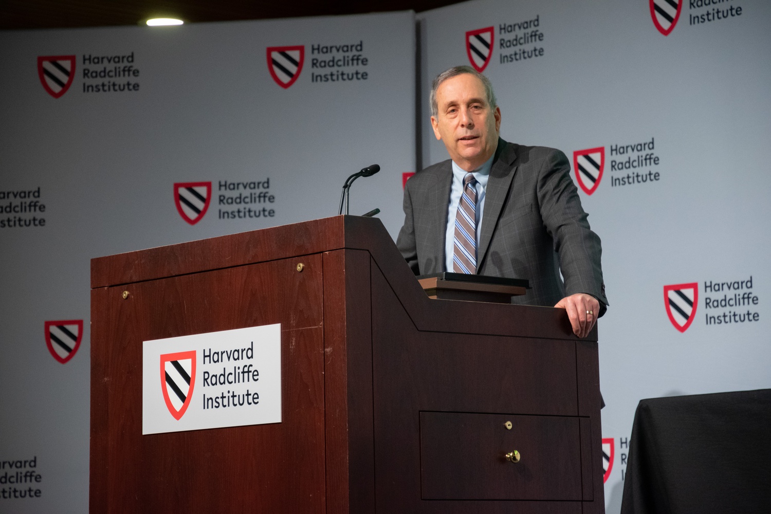Harvard University President Lawrence S. Bacow spoke at a conference called “Telling the Truth about All This: Reckoning with Slavery and Its Legacies at Harvard and Beyond,” held at the Radcliffe Institute for Advanced Study on Friday.